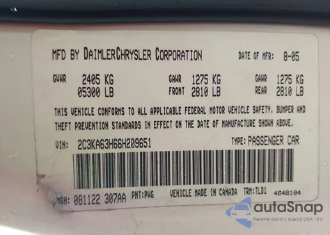 2006 Chrysler 300C z USA, uszkodzony, nr VIN 2C3KA63H66H209651